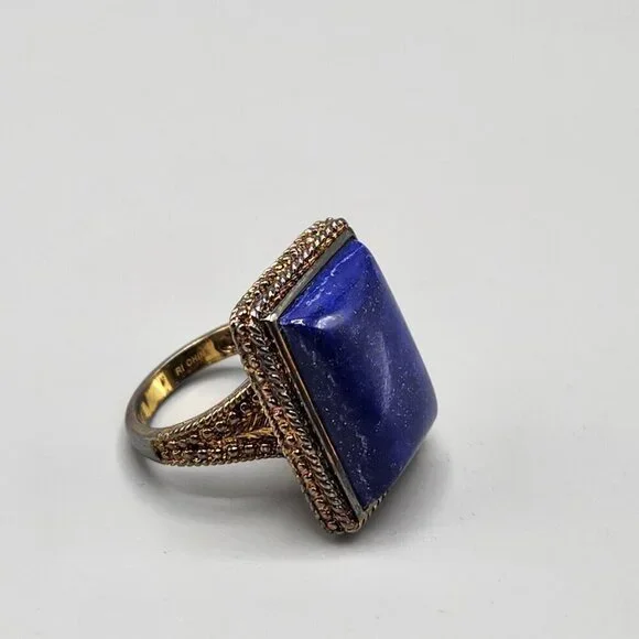 Lapiz Lazuli Rectangle Cocktail Ring RI China 925 Size 8 Sterling Silver - Picture 3 of 12